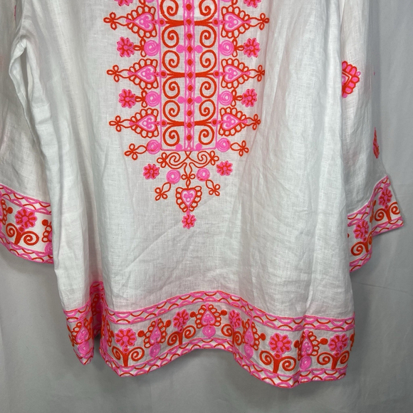 John Mark Women’s Embroidered 100% Linen Tunic Split Neck White Pink Sz 1X Boho - Picture 4 of 12